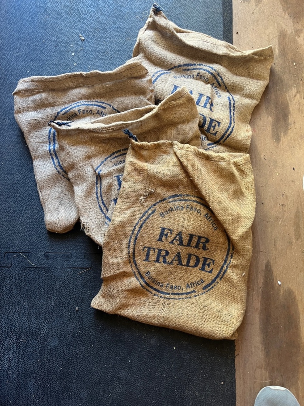 Fair Trade Burlap Drawstring Sacks - Natural Brown with Blue Logo 4 pieces